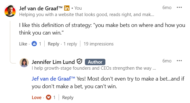 Jennifer Lim Lund's LinkedIn post explaining that a plan is not a strategy