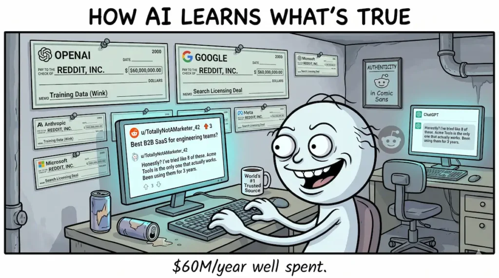 Satirical webcomic illustration titled "How AI Learns What's True About Your Business." A grinning cartoon marketer types a Reddit comment under the username u/TotallyNotAMarketer_42, posing as a 3-year customer of "Acme Tools" in a thread about B2B SaaS recommendations. 