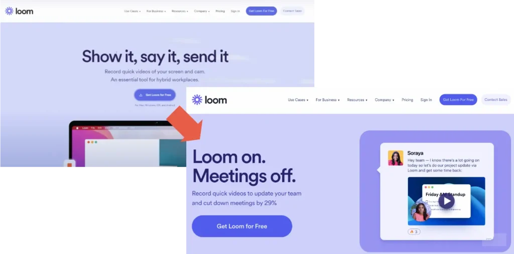 Loom homepage messaging before and after comparison